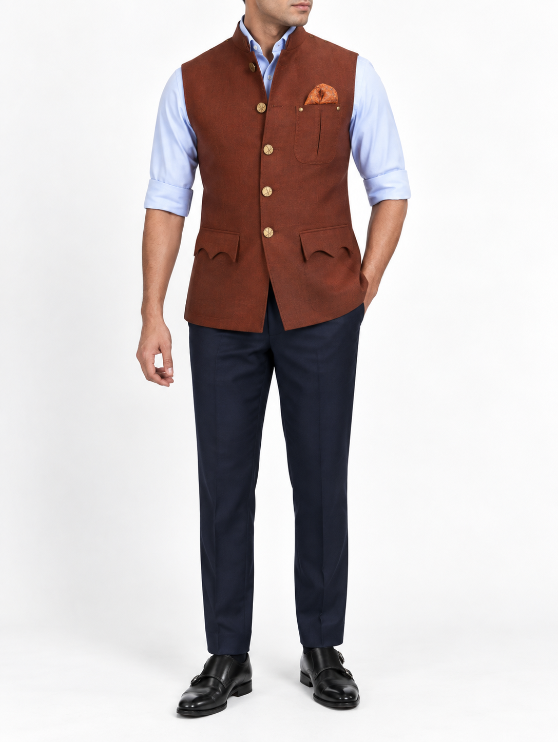 Burnt Rust Suede Utility Nehru Jacket