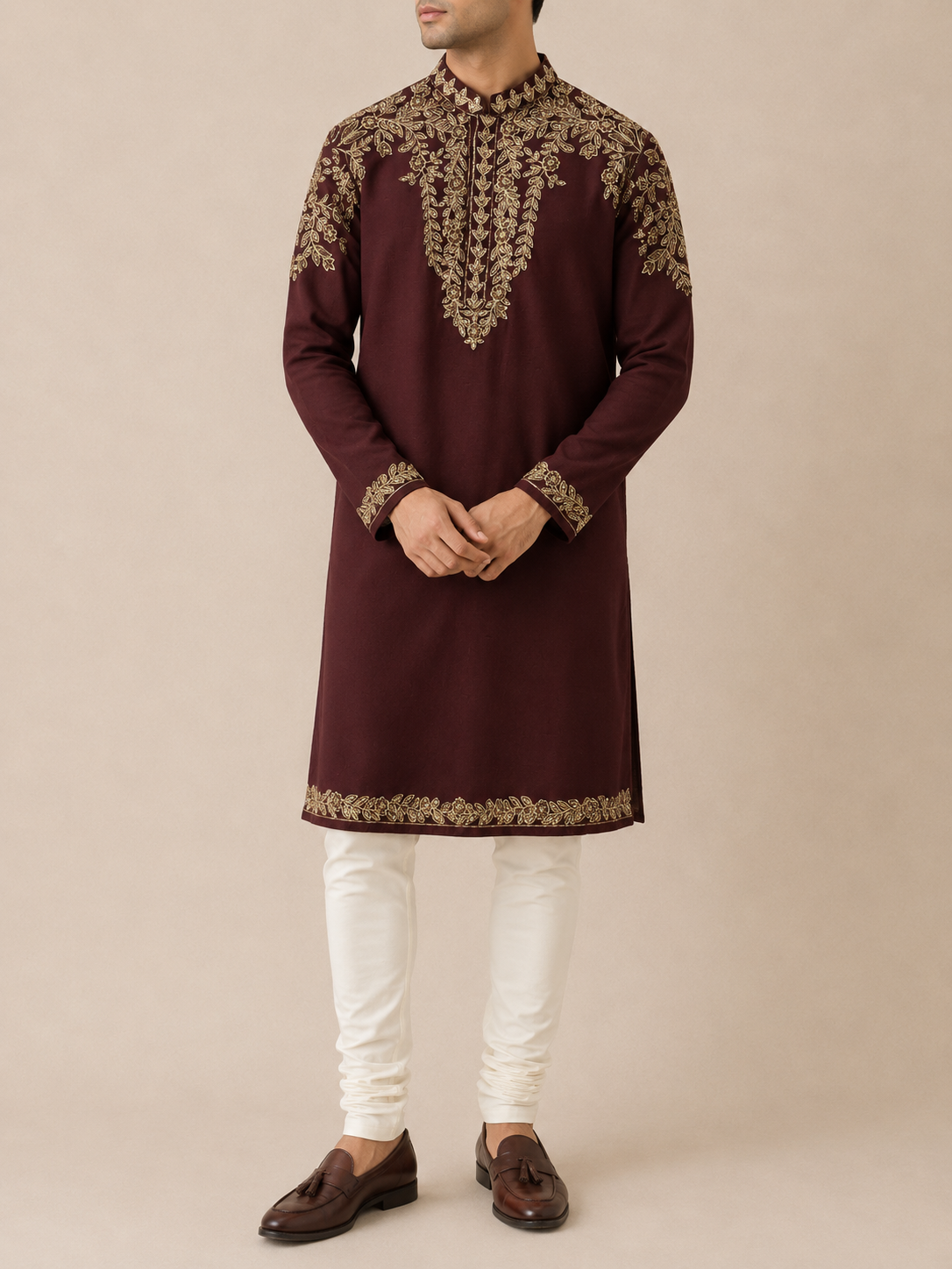 Burgundy Suede Embroidered Kurta