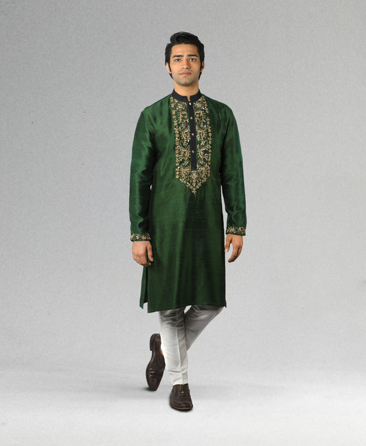 Bottle Green Silk Embroidered Kurta