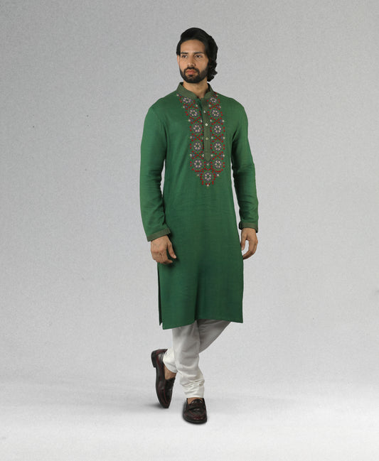 Dark Green Matka Silk Embroidered Kurta