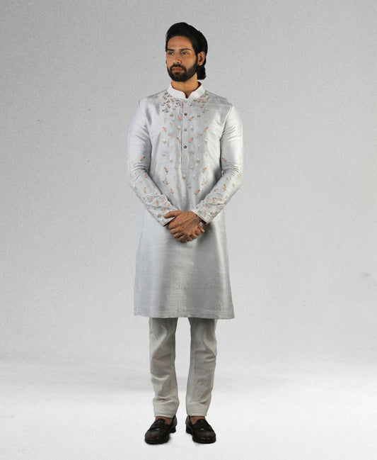 Grey Silk Kurta With Embroidery