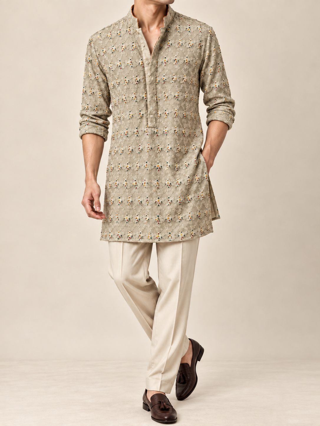 Beige Hand-Embroidered Georgette Kurta