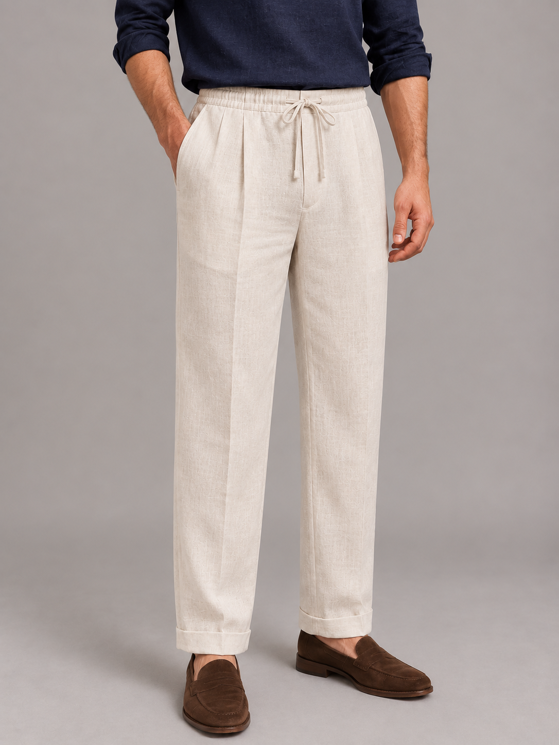Ivory Linen Drawstring Pajama Trousers