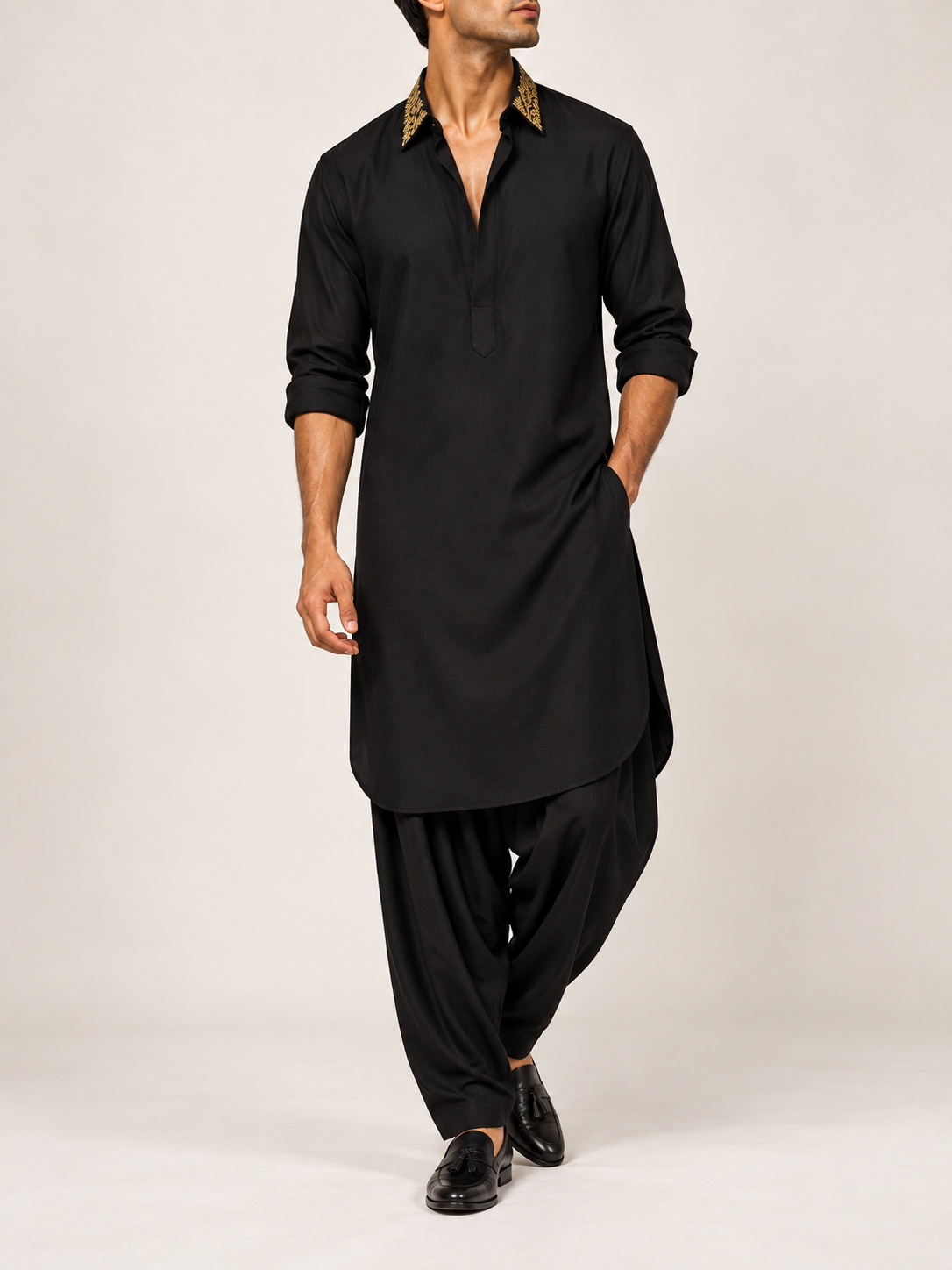 Close-up of Black Silk Pathani Kurta with Gold Embroidered Collar