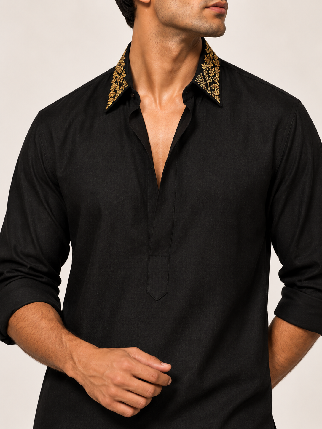 Black Silk Pathani Kurta with Gold Embroidered Collar and Patiala