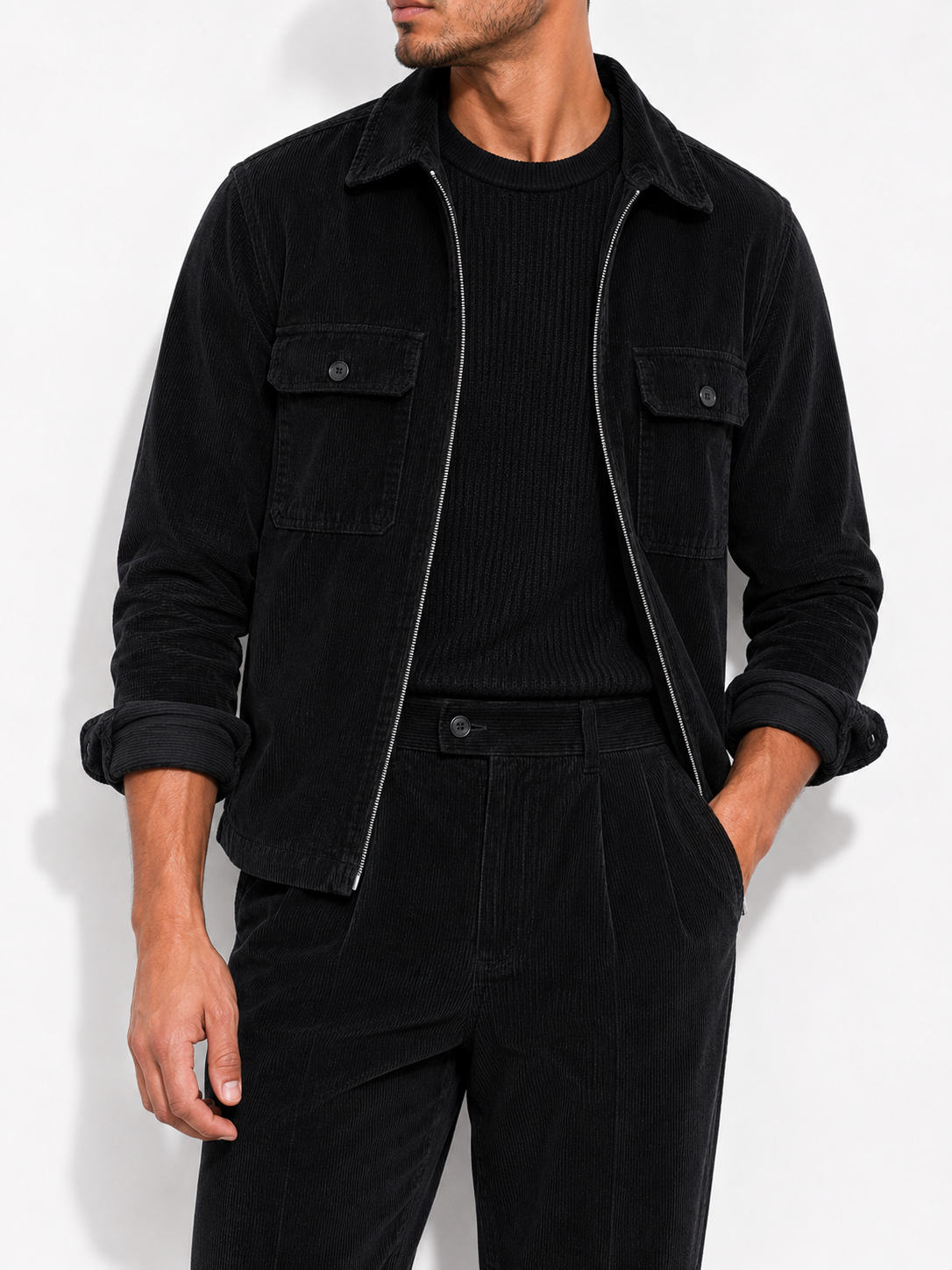 Midnight Corduroy Zip Shacket