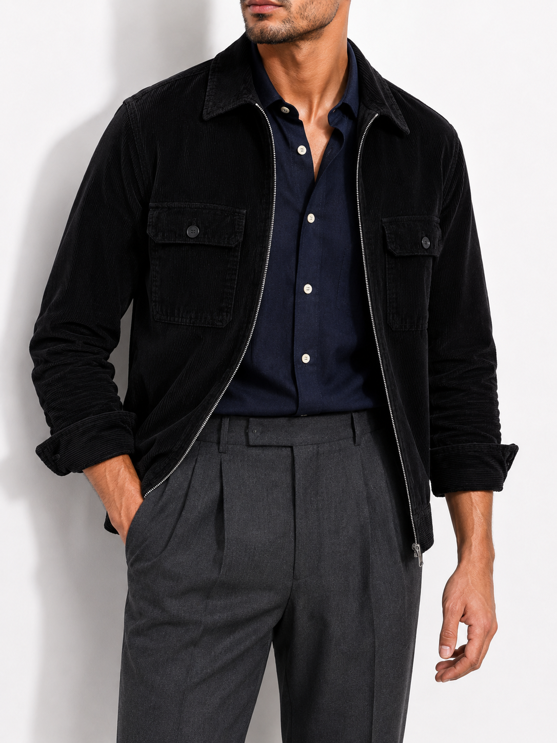 Midnight Corduroy Zip Shacket