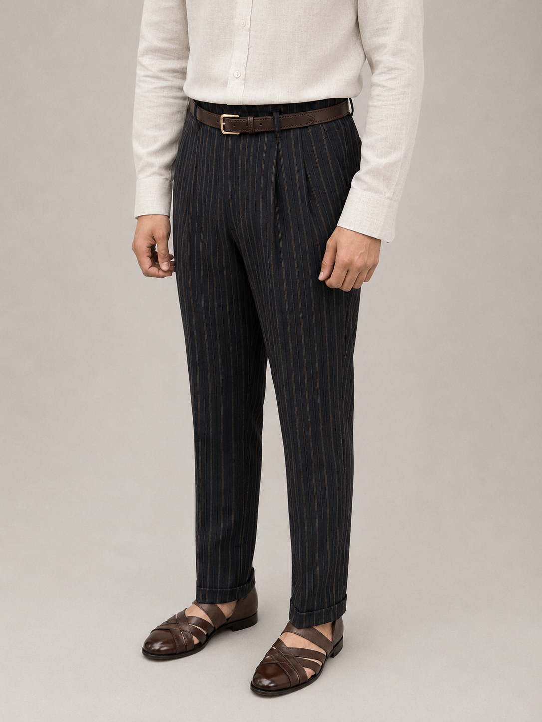 Black Pinstripe Hollywood Linen Trousers