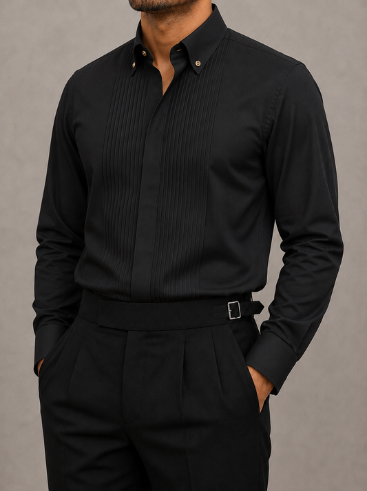 Black Giza Cotton Tuxedo Pleated Shirt