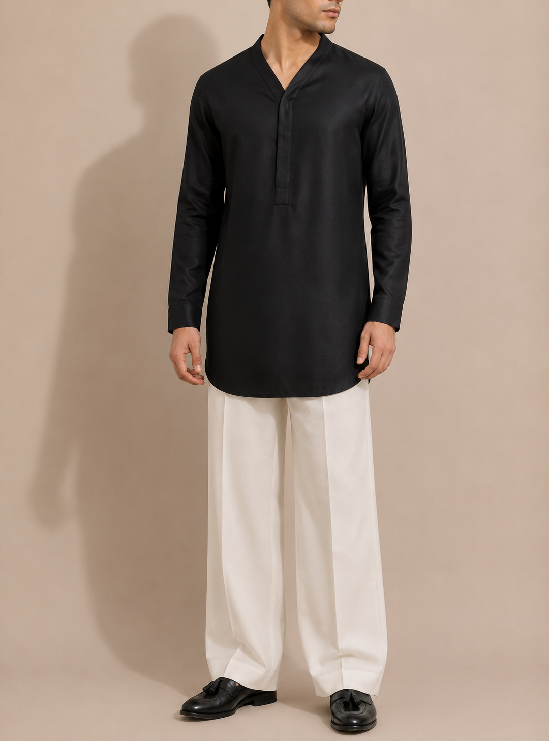 Noir Silk Kurta with Ivory Wool-Blend Trousers