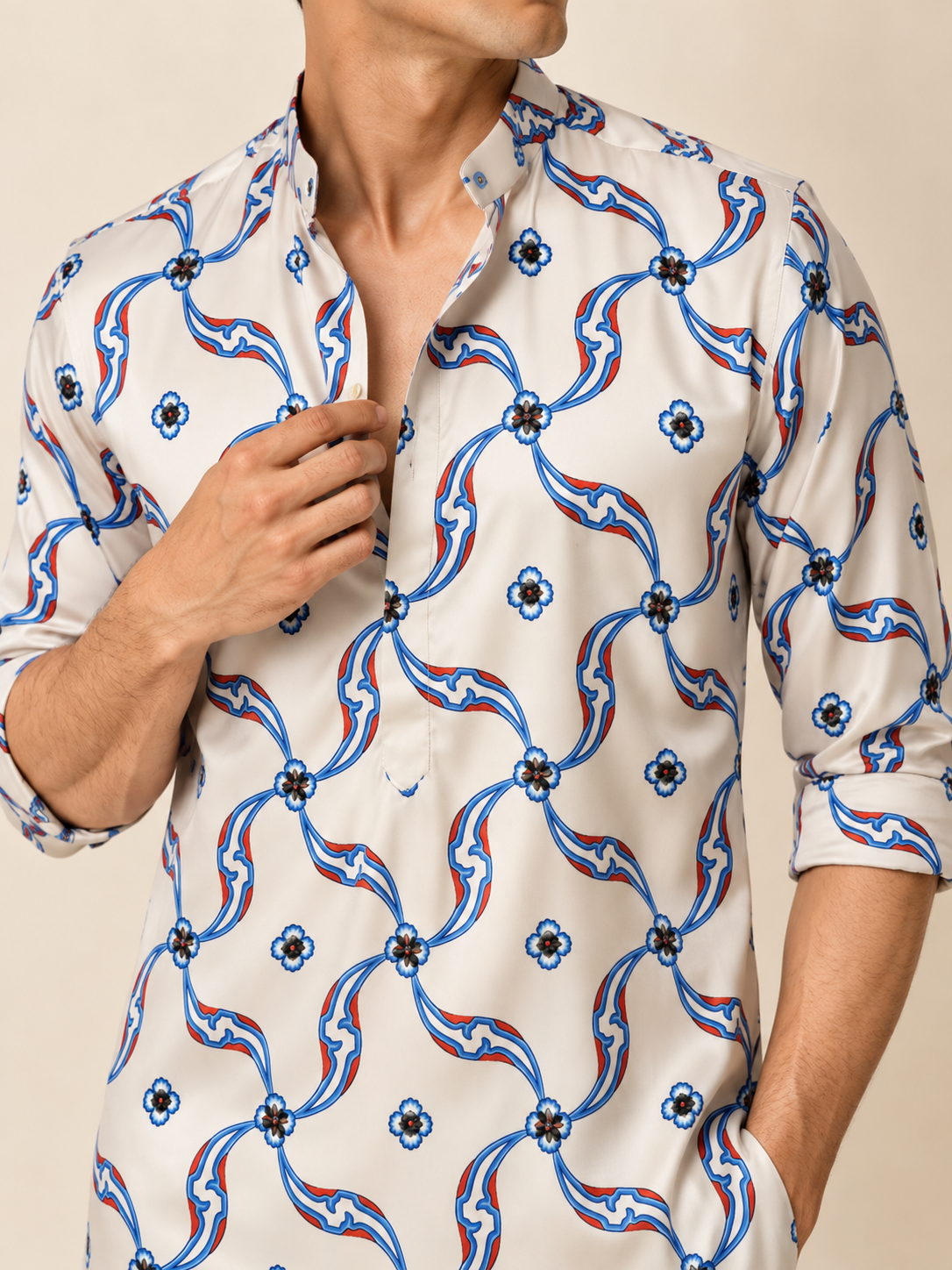 White Japanese satin kurta with blue and red printed motif and hand embroidery