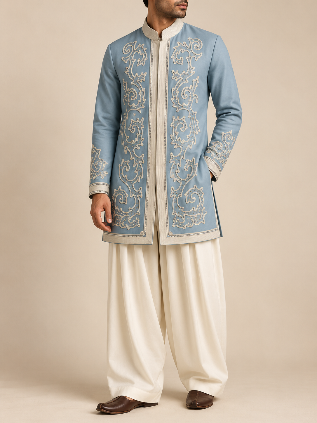 Powder Blue Silk Embroidered Jacket