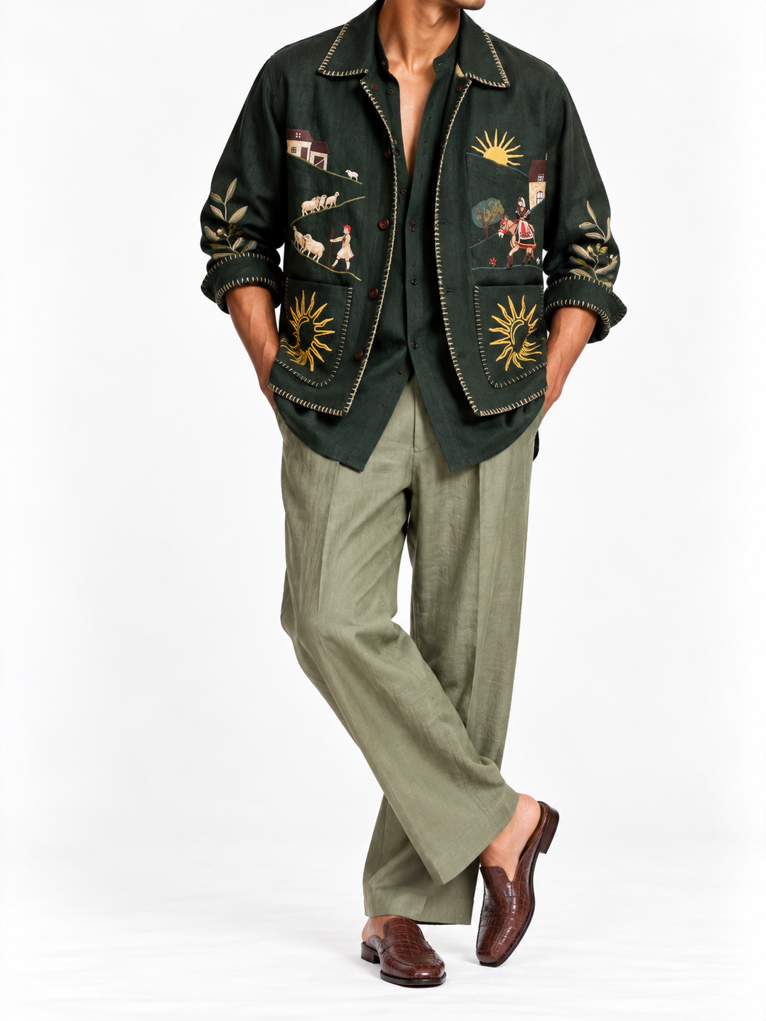 Bottle Green Embroidered Linen Shacket