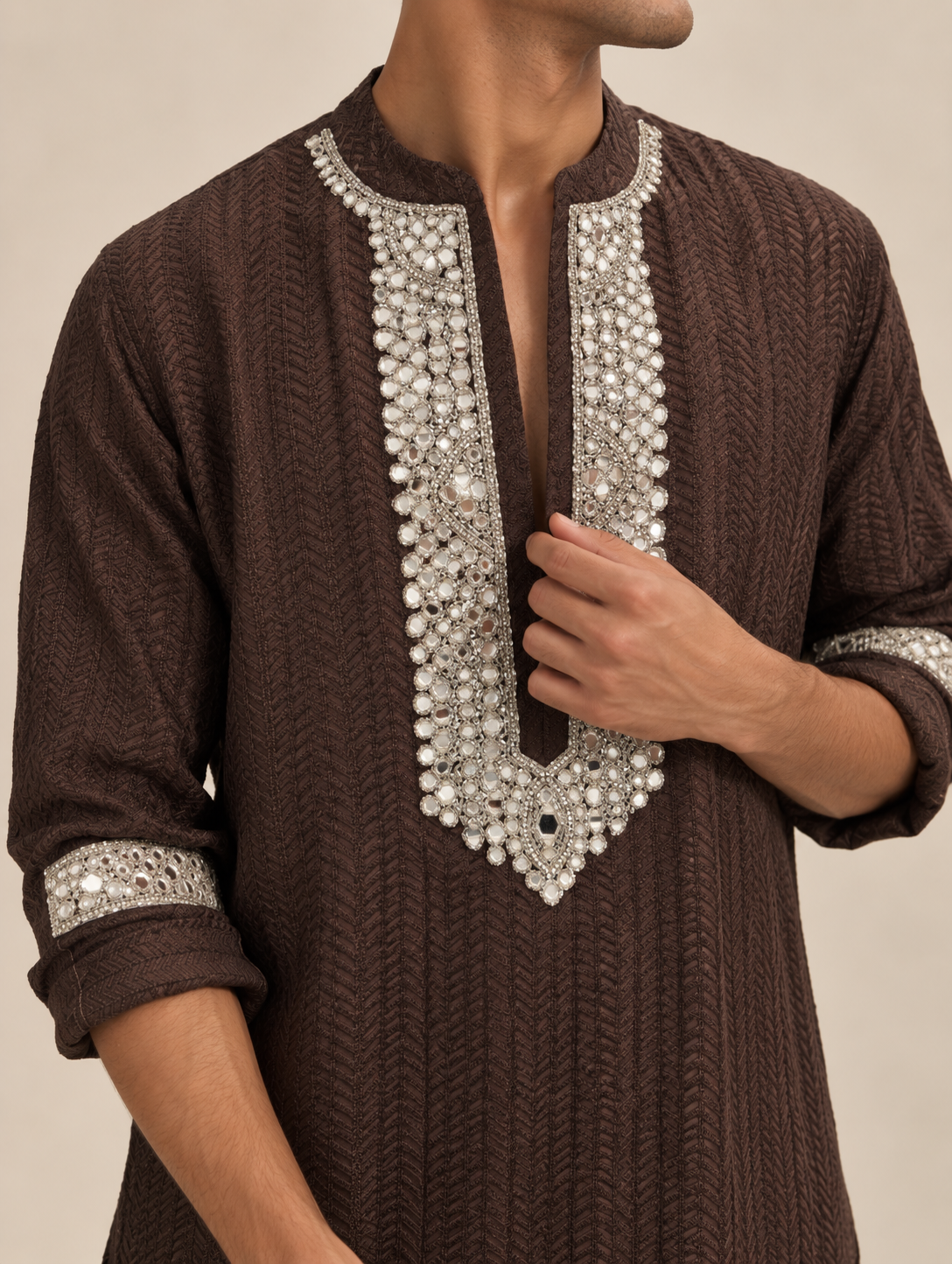 Brown Mirror Work Kurta detail