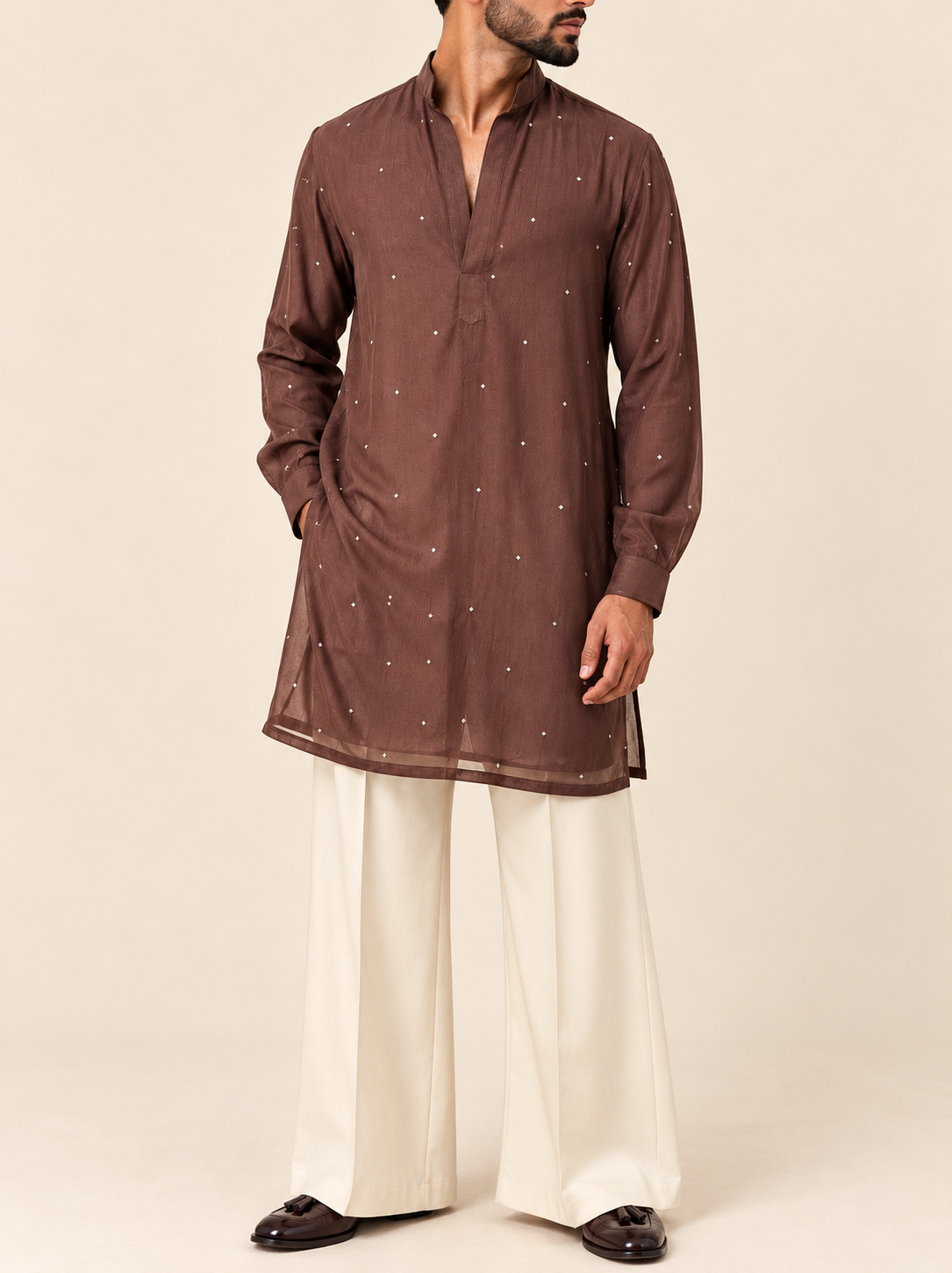 Brown Georgette Embroidered Kurta