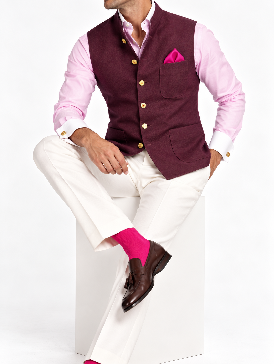 Burgundy Wool Blend Nehru Jacket detail