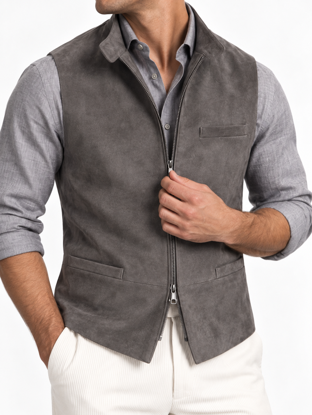 Charcoal Grey Suede Zip Nehru Jacket detail
