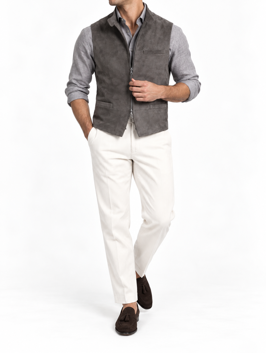 Charcoal Grey Suede Zip Nehru Jacket