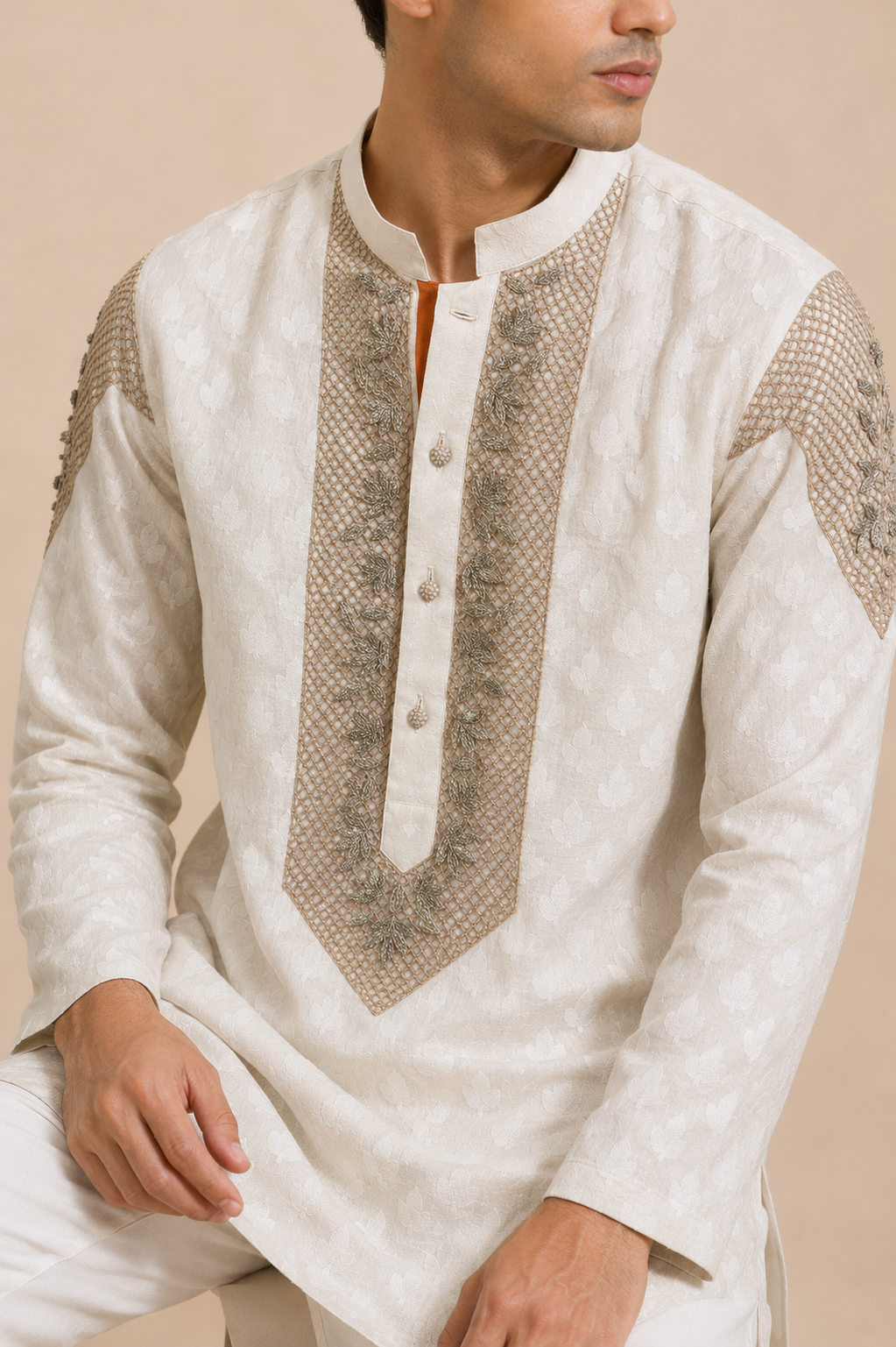 Ivory Chanderi Silk Embroidered Kurta