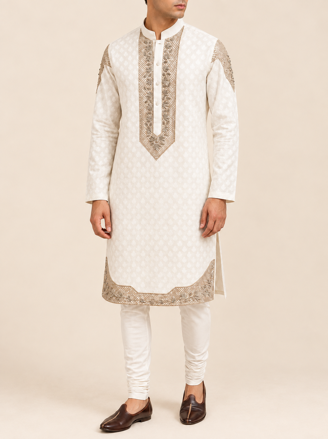 Ivory Chanderi Silk Embroidered Kurta