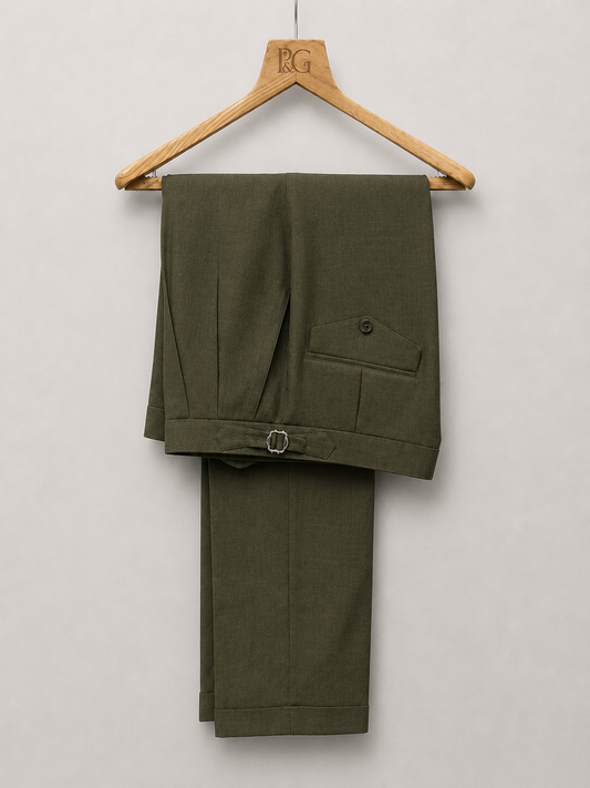 Dark Olive Linen 2 Pleat Trousers