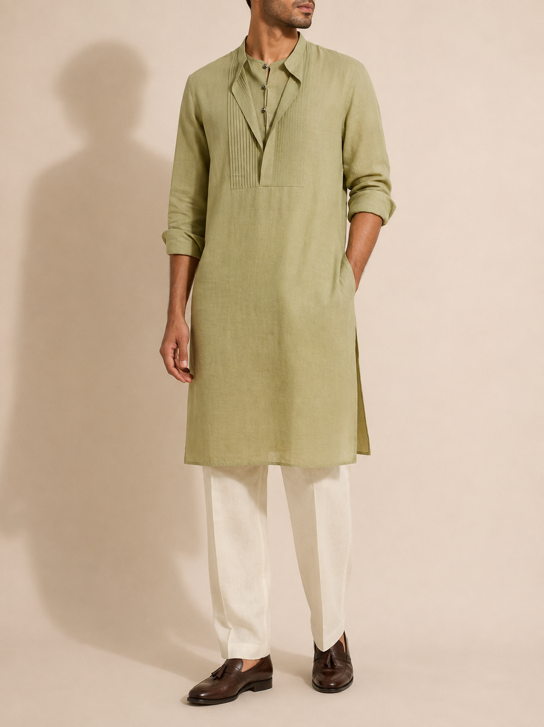 Sage Pleated Linen Kurta