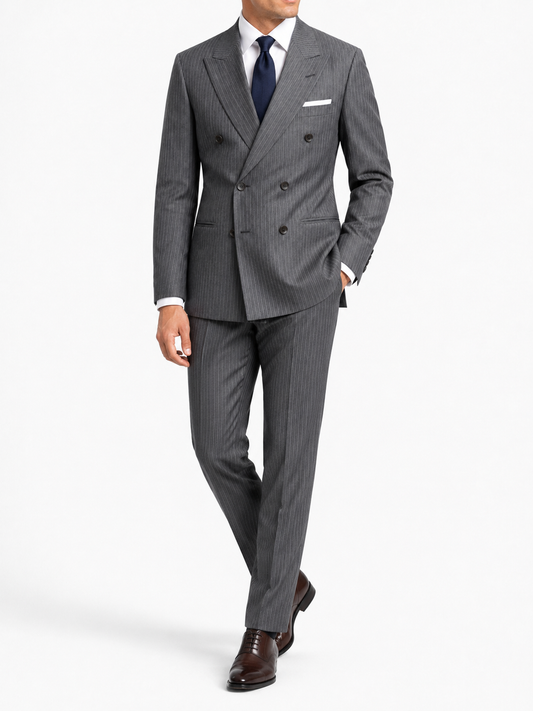 Grey Pinstripe Merino Wool Double-Breasted Blazer