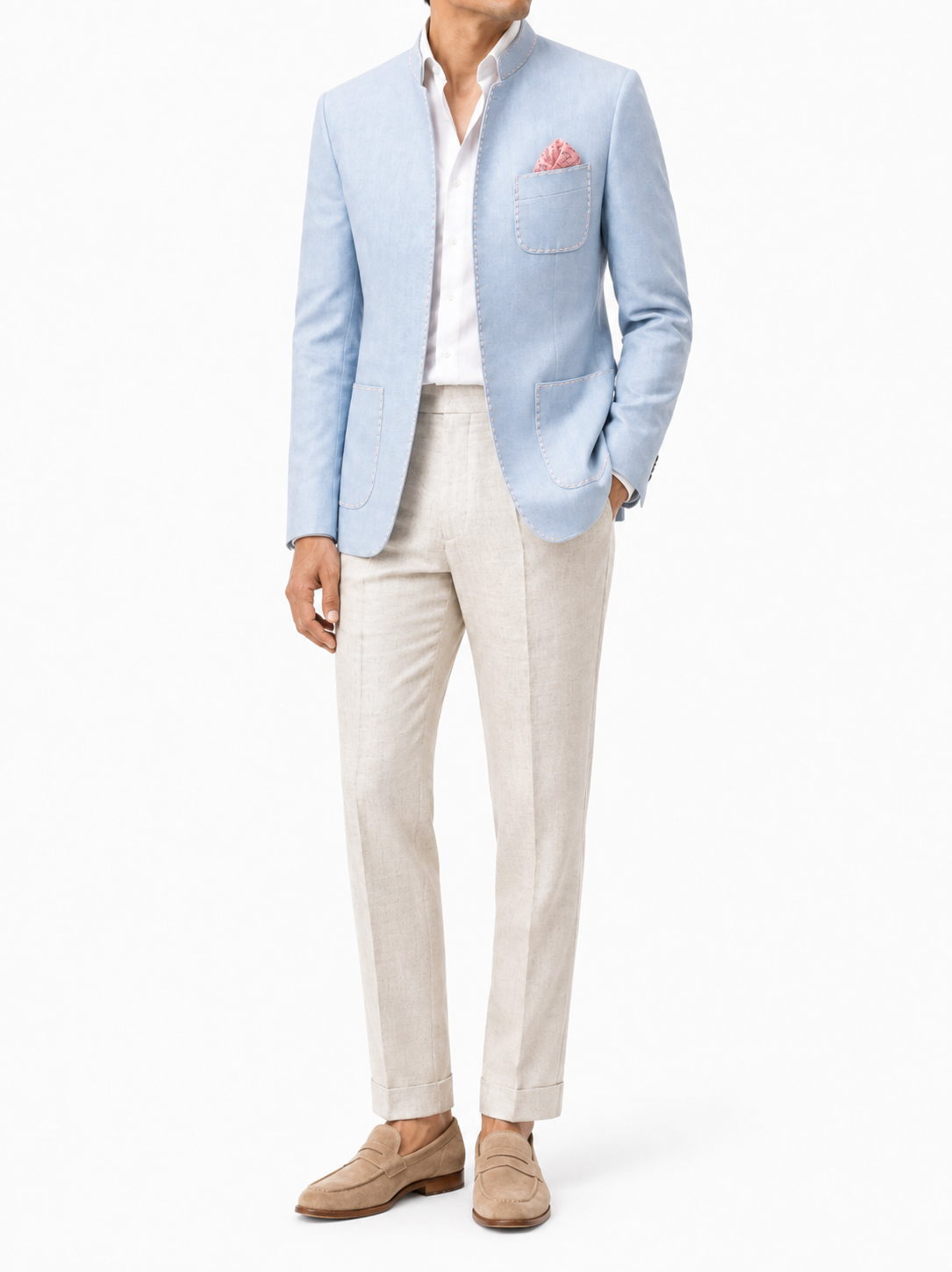 Powder Blue Linen Band Collar Blazer