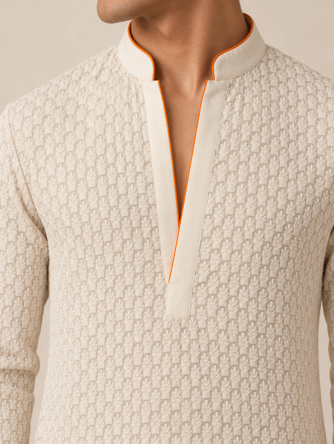 Ivory Machine Embroidered Kurta with Orange Piping detail