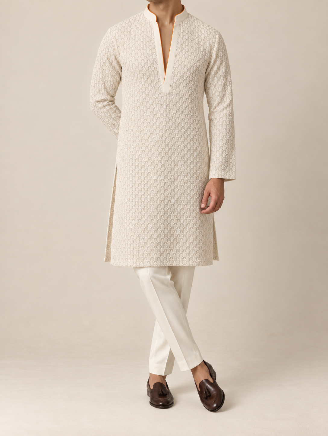 Ivory Machine Embroidered Kurta with Orange Piping