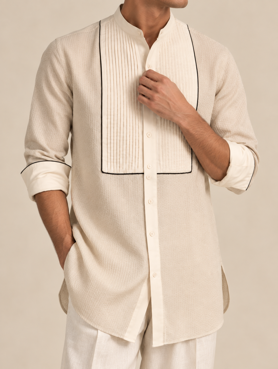 Ivory Linen Pleated Kurta full view