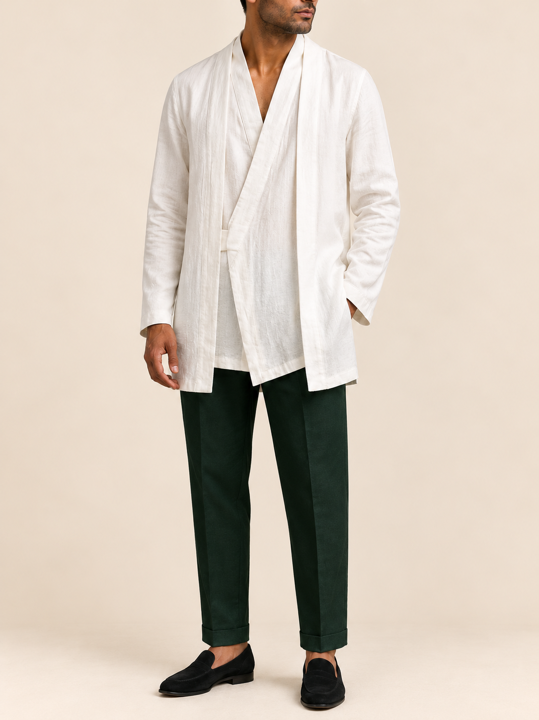 Ivory Linen Layered Kurta Set