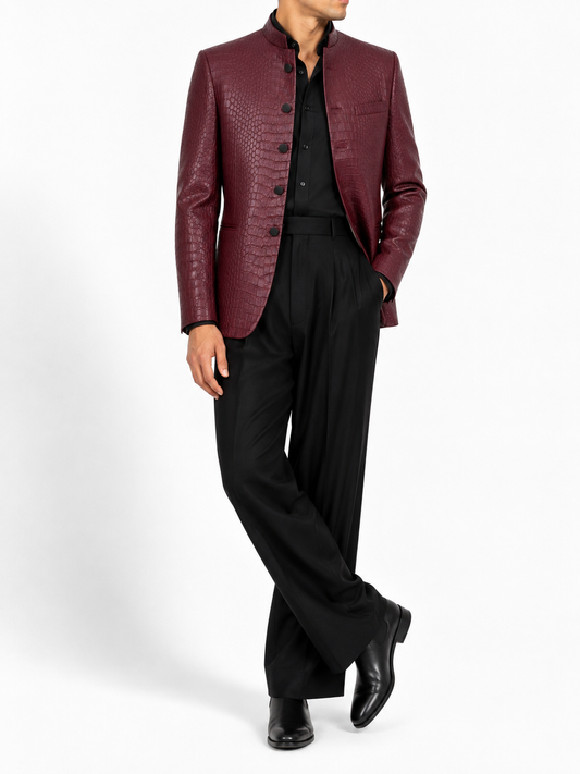 Bordeaux Croc Leather Bandhgala