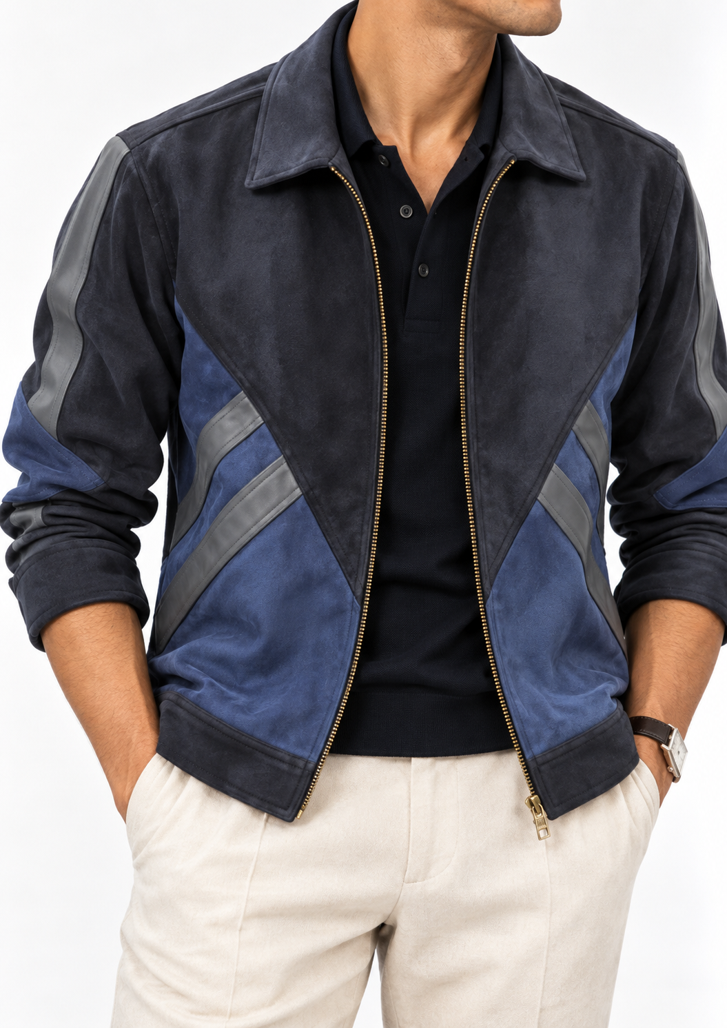 Midnight Blue Suede Colour-Block Shacket close-up