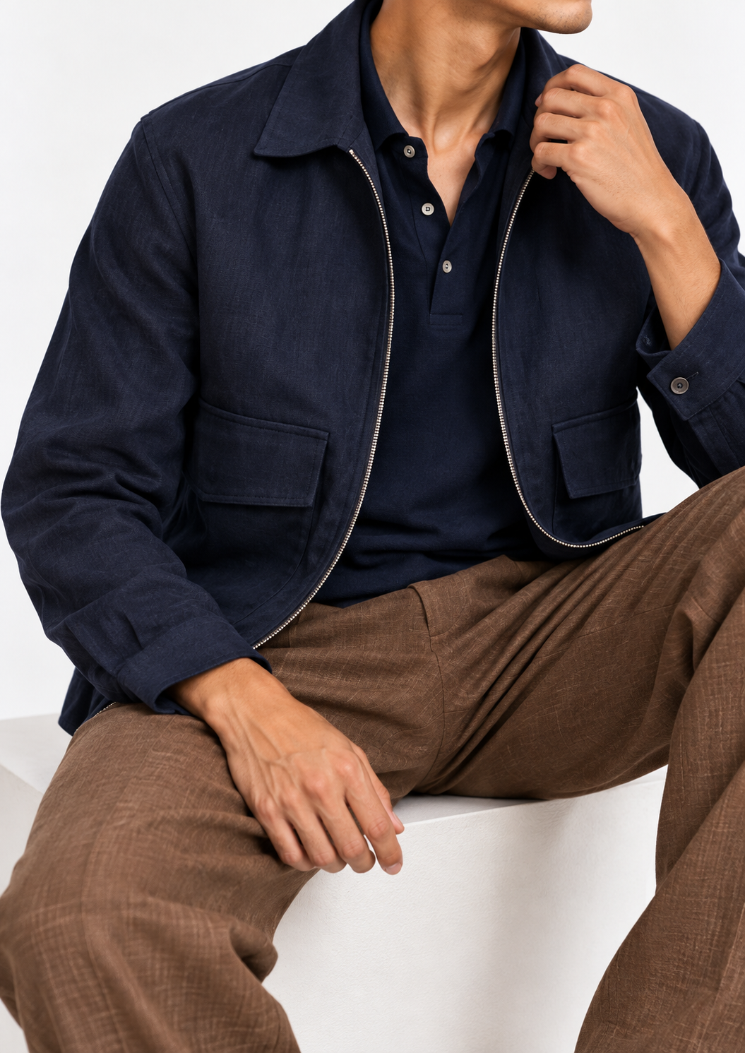 Midnight Navy Linen Zip Shacket detail