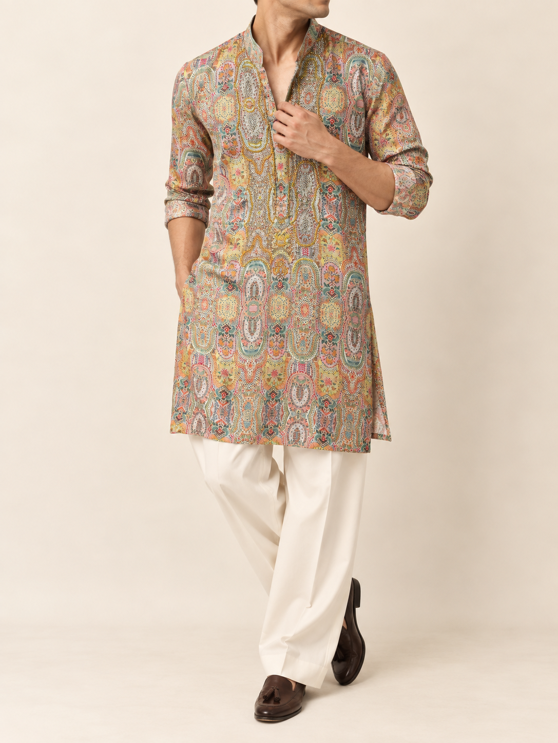 Multicolour printed Japanese satin kurta with hand embroidery