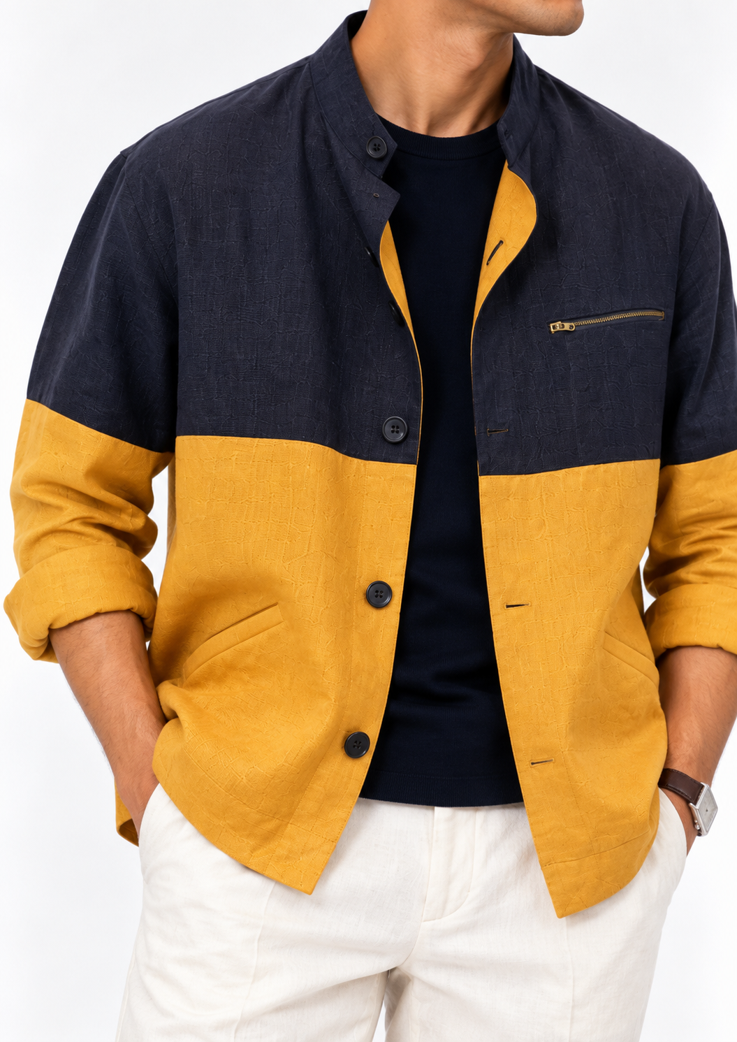 Close-up of mustard and navy linen colour-block shacket