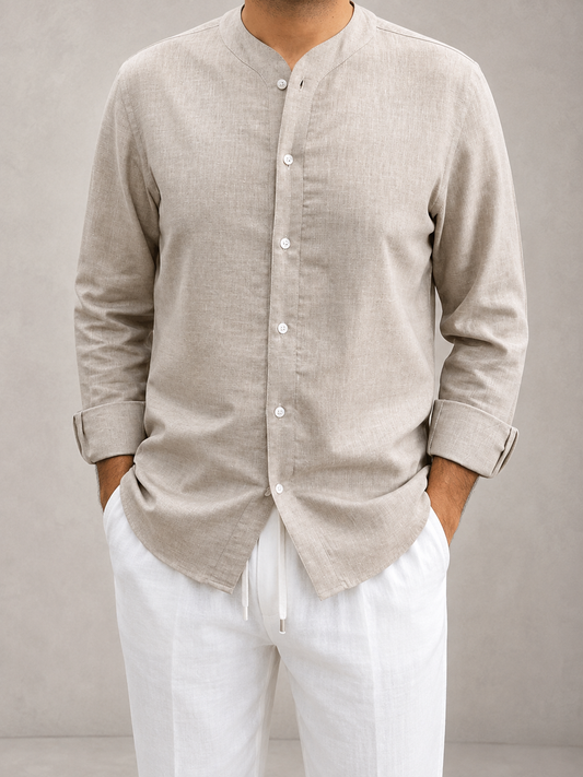 Natural Stone Linen Blend V-Neck Shirt