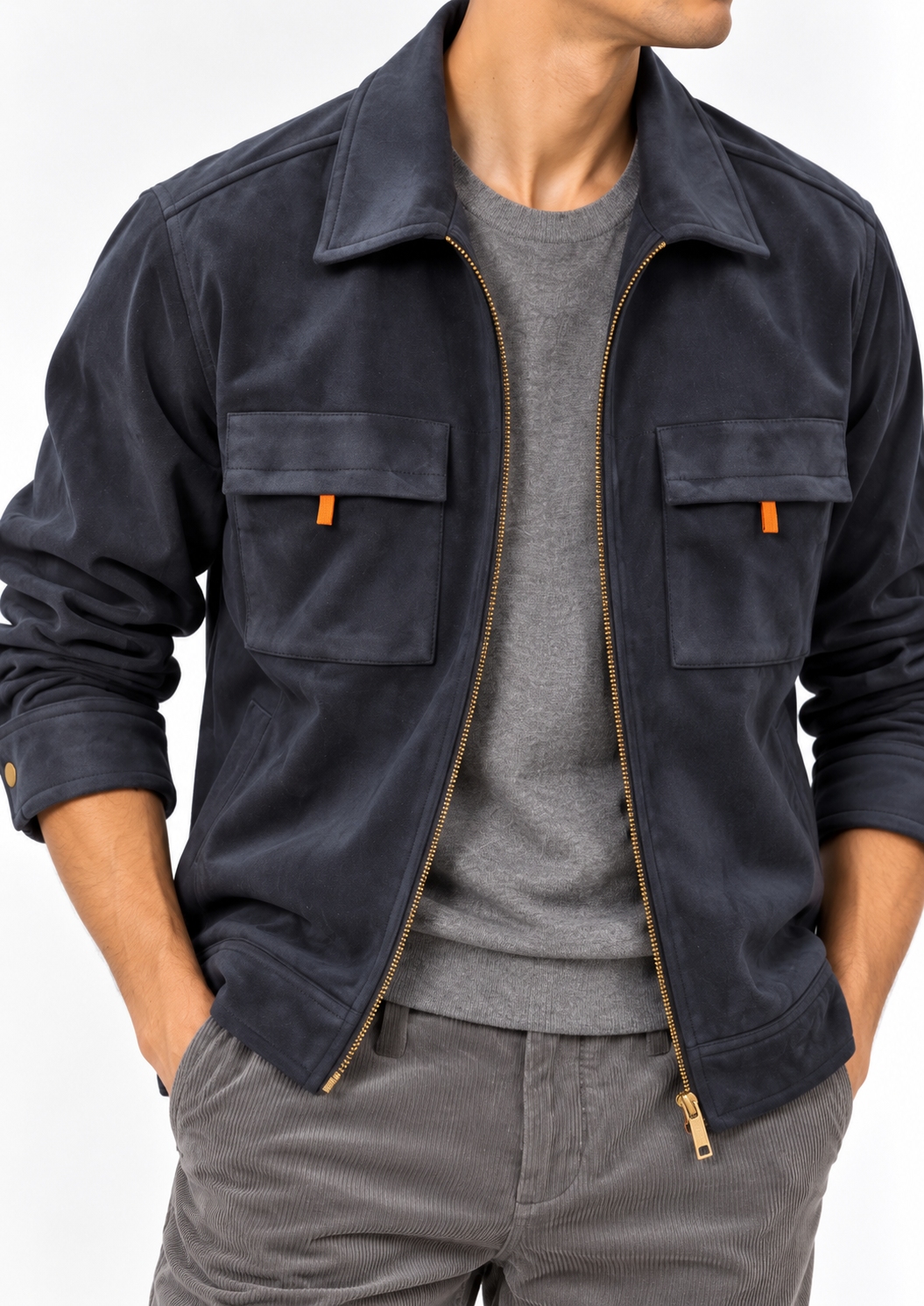 Navy Blue Suede Two-Pocket Shacket close-up