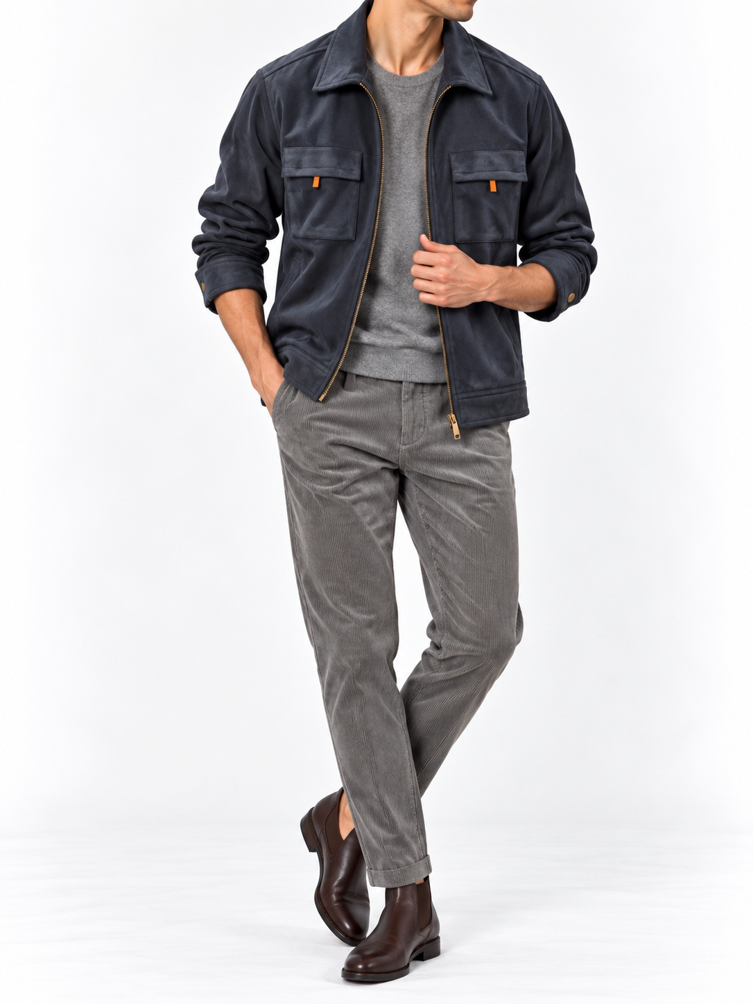 Navy Blue Suede Two-Pocket Shacket