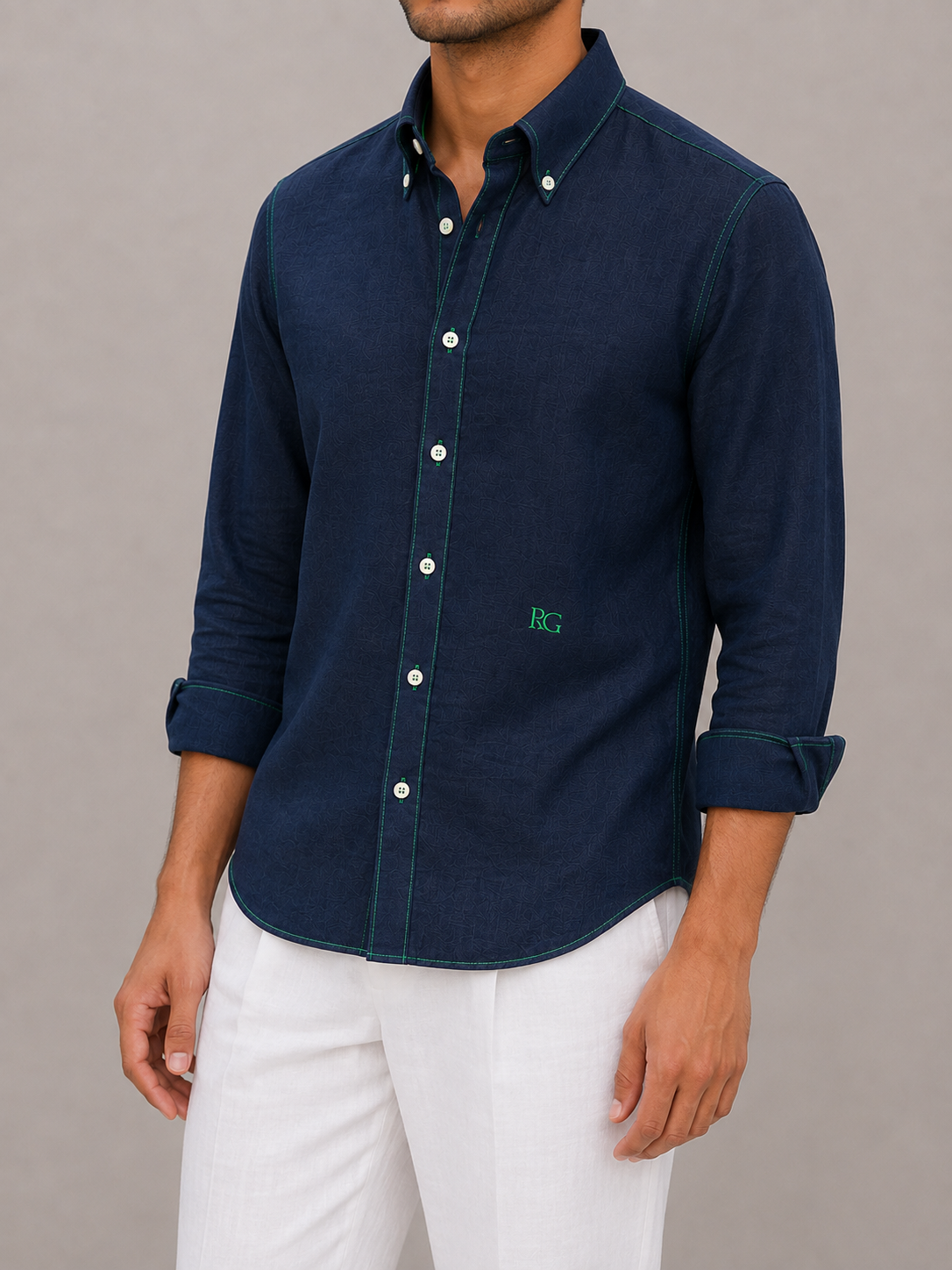 Navy Blue Linen with Green Shirt