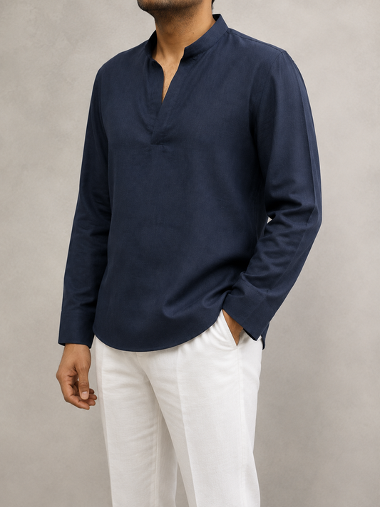 Midnight Blue Linen Blend Mandarin Shirt