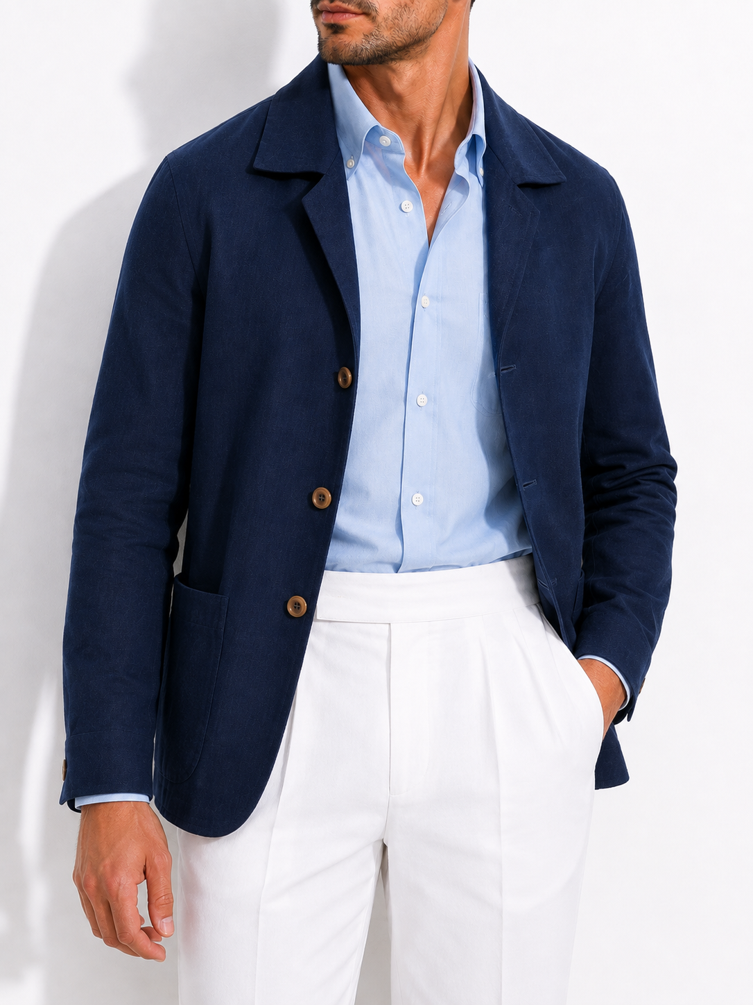 Navy Blue Linen 3-Button Shacket