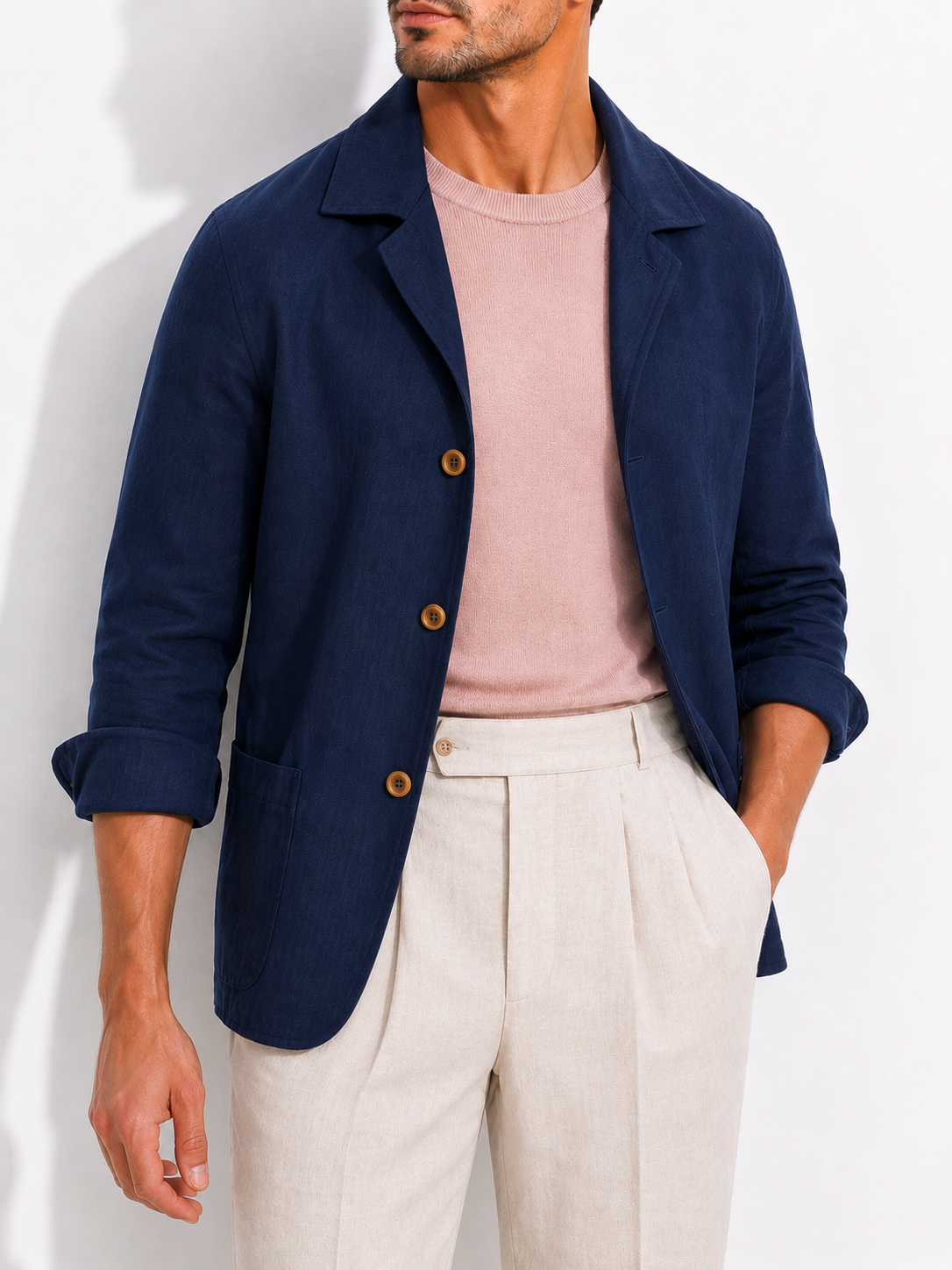 Navy Blue Linen 3-Button Shacket