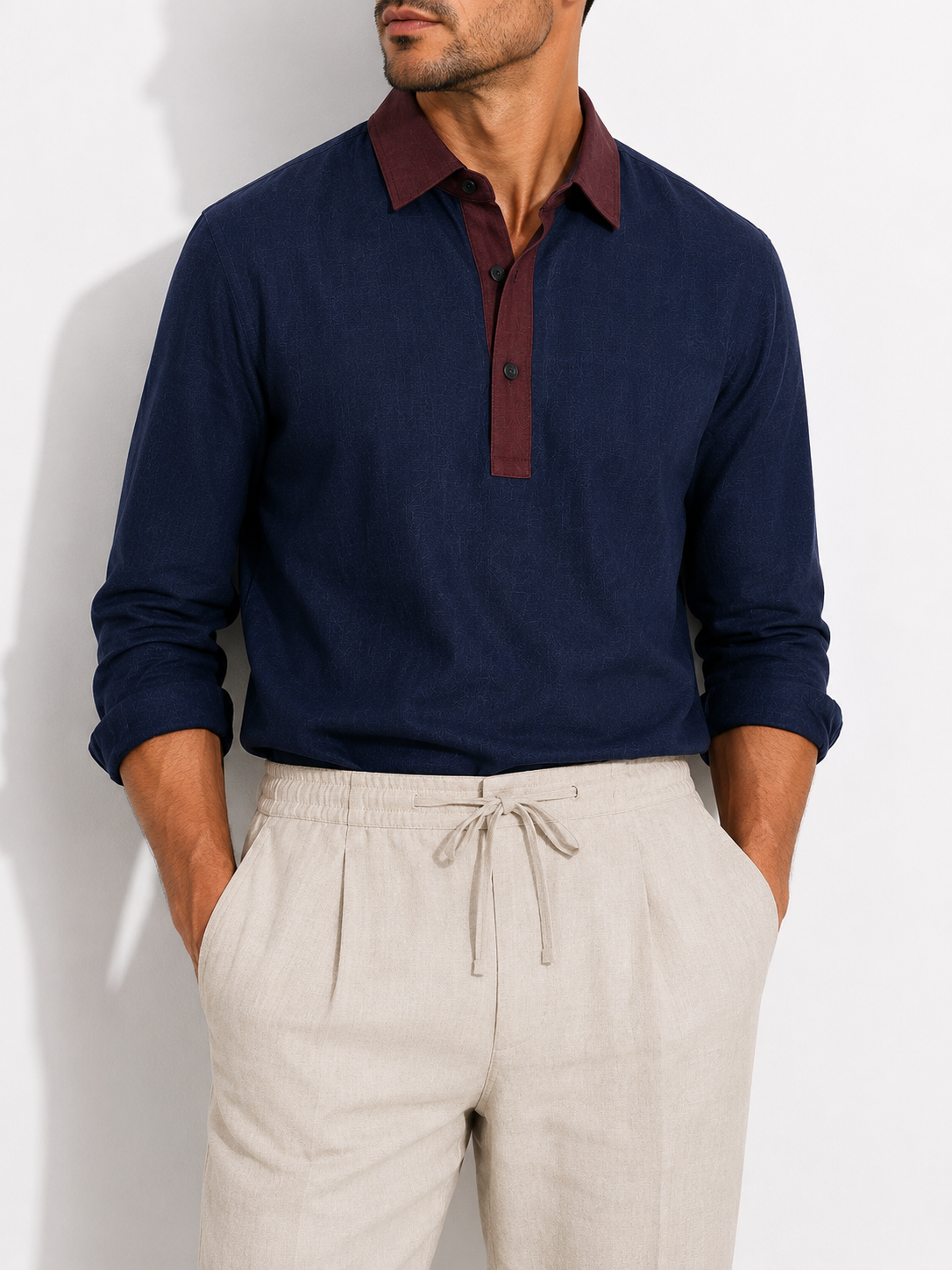 Midnight Navy Contrast Collar Linen Polo