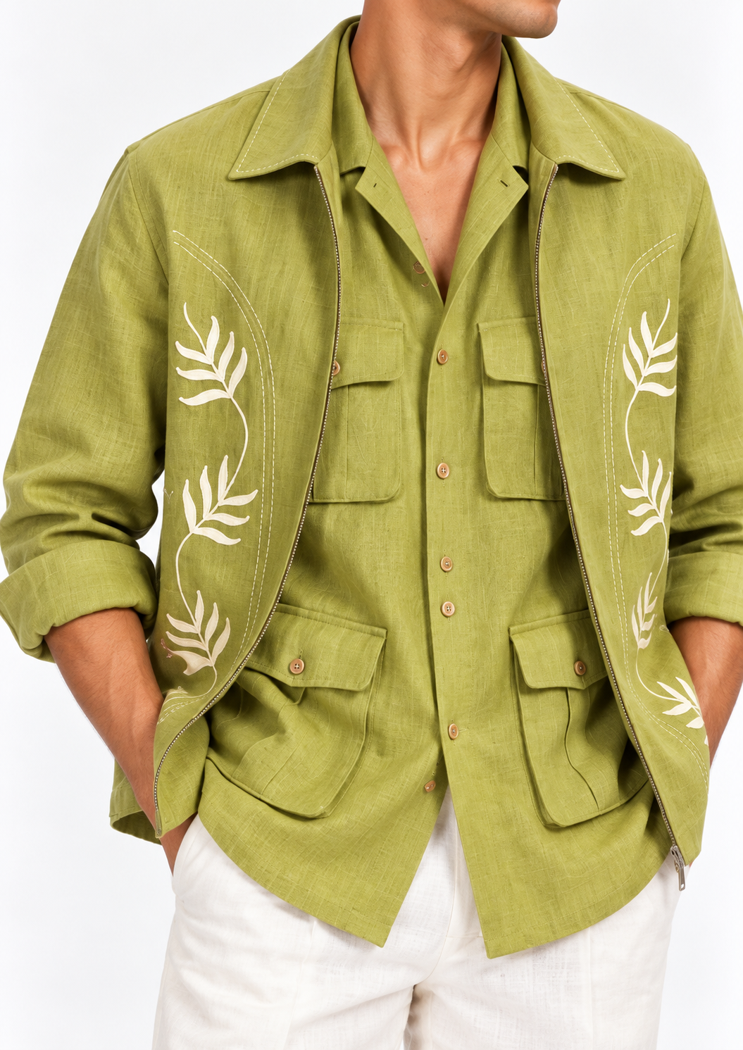 Close-up of olive green embroidered linen shacket