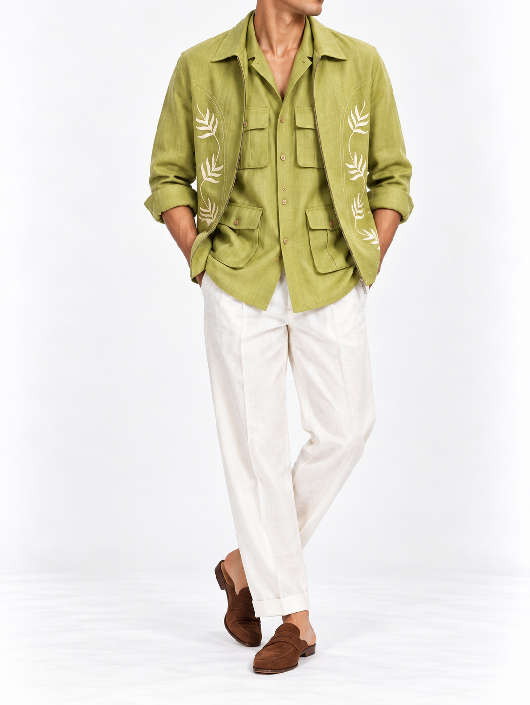 Olive green embroidered linen shacket worn by model