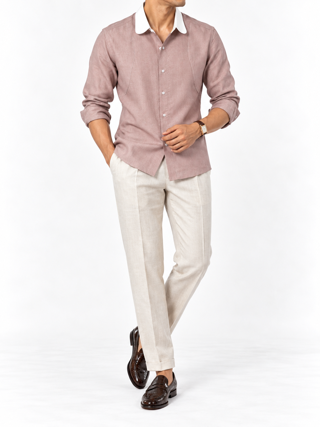 Onion Pink Linen Shirt with White Contrast Collar - full view
