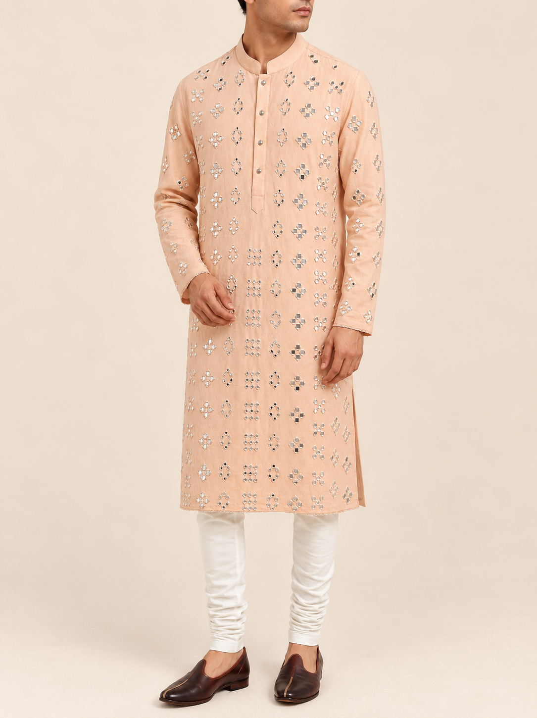 Peach Mirrorwork Silk-Blend Kurta