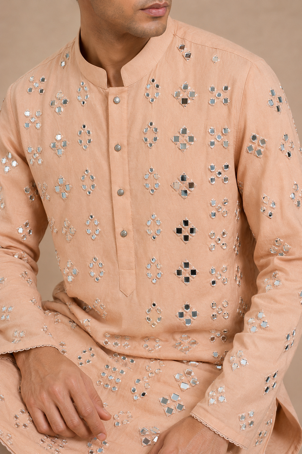 Peach Mirrorwork Silk-Blend Kurta